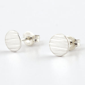 Fine Silver Circle Stud Earrings--Lines Texture