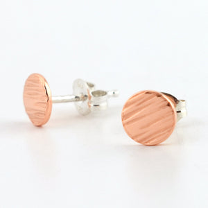 Copper Circle Stud Earrings--Lines Texture